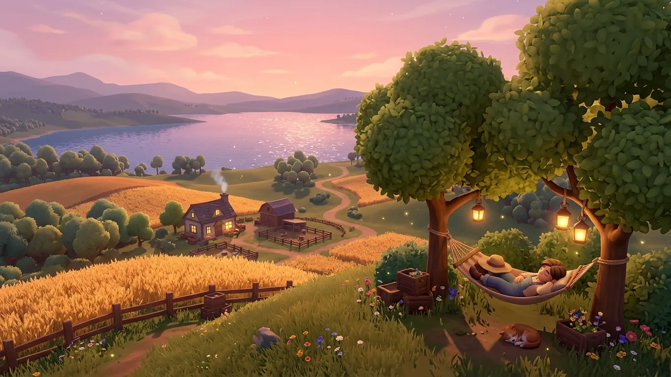 A game character resting in a hammock above golden fields at evening