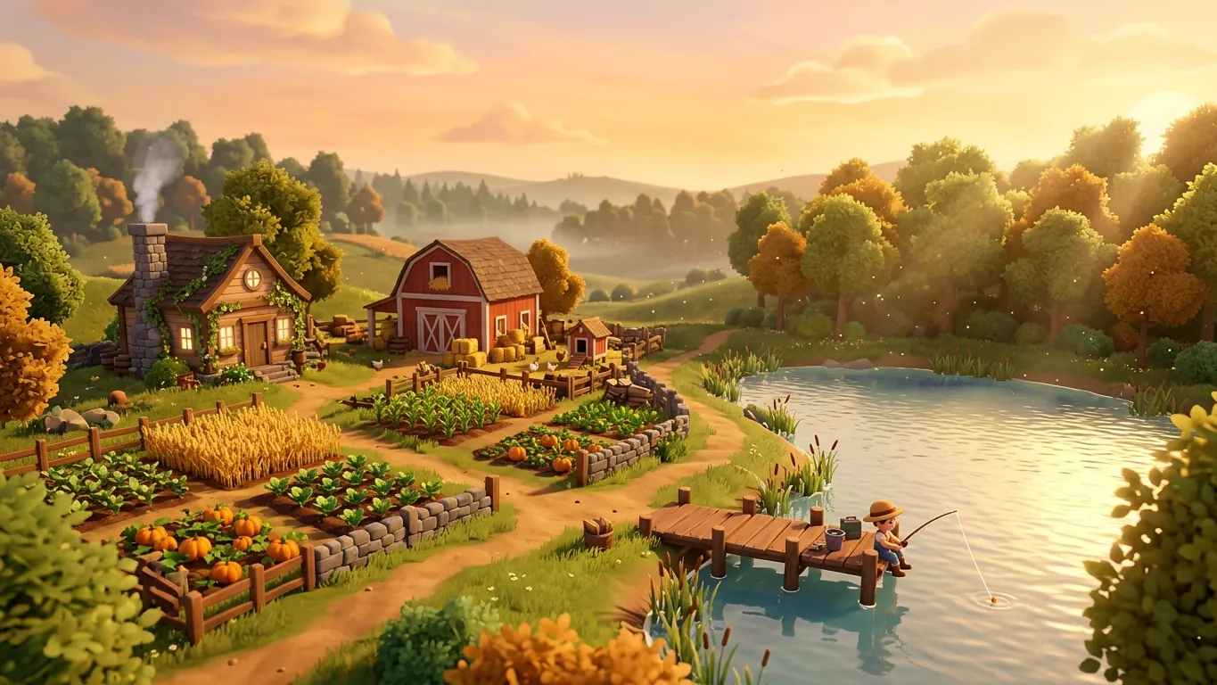 A cozy game farm beside a calm lake at sunset with a character fishing from a pier