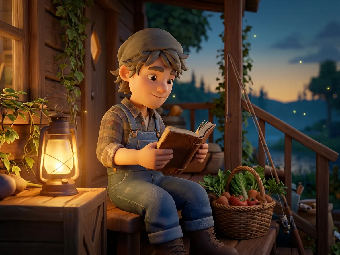 A game character reading a notebook on a farmhouse porch at dusk