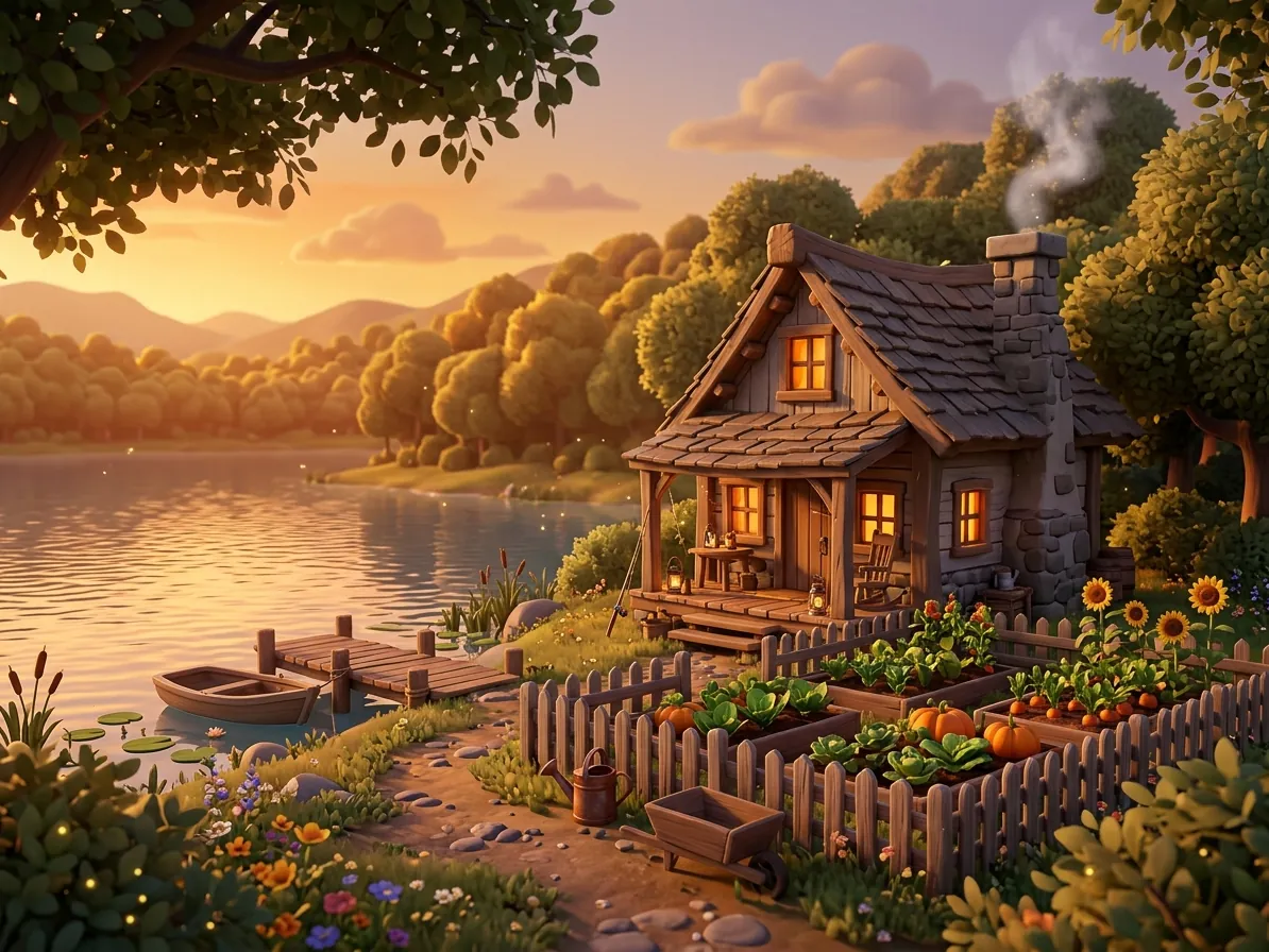 A cozy game cabin by a lake with a garden and a fishing rod on the porch