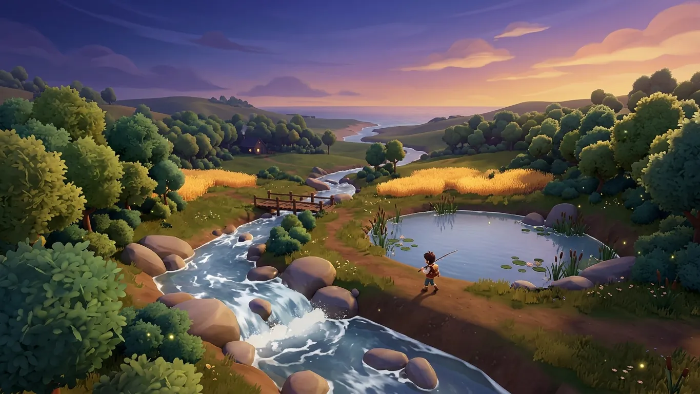 A game river valley at twilight with a character carrying a fishing rod