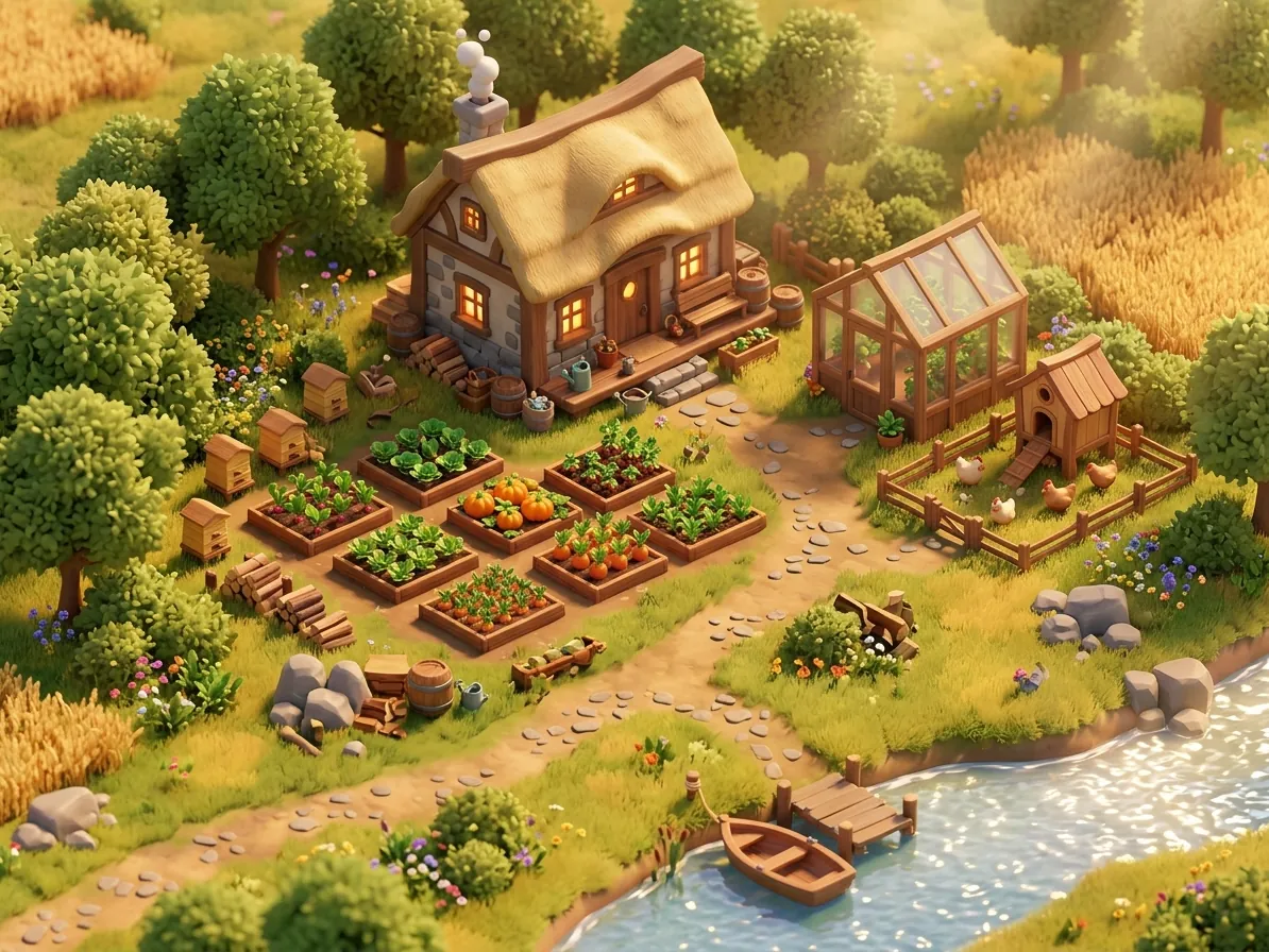 An isometric game homestead with crop plots, a coop and a river