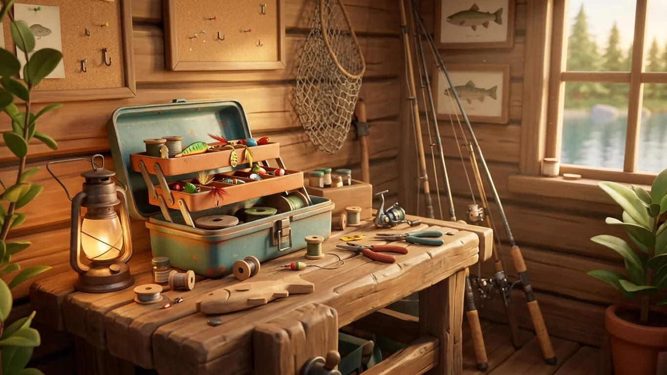 A tackle workbench with fishing rods and colorful lures in a game cabin