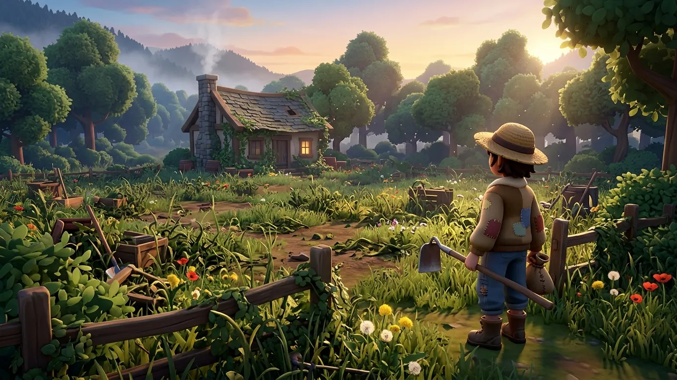 A game character looking over an overgrown farm plot at dawn