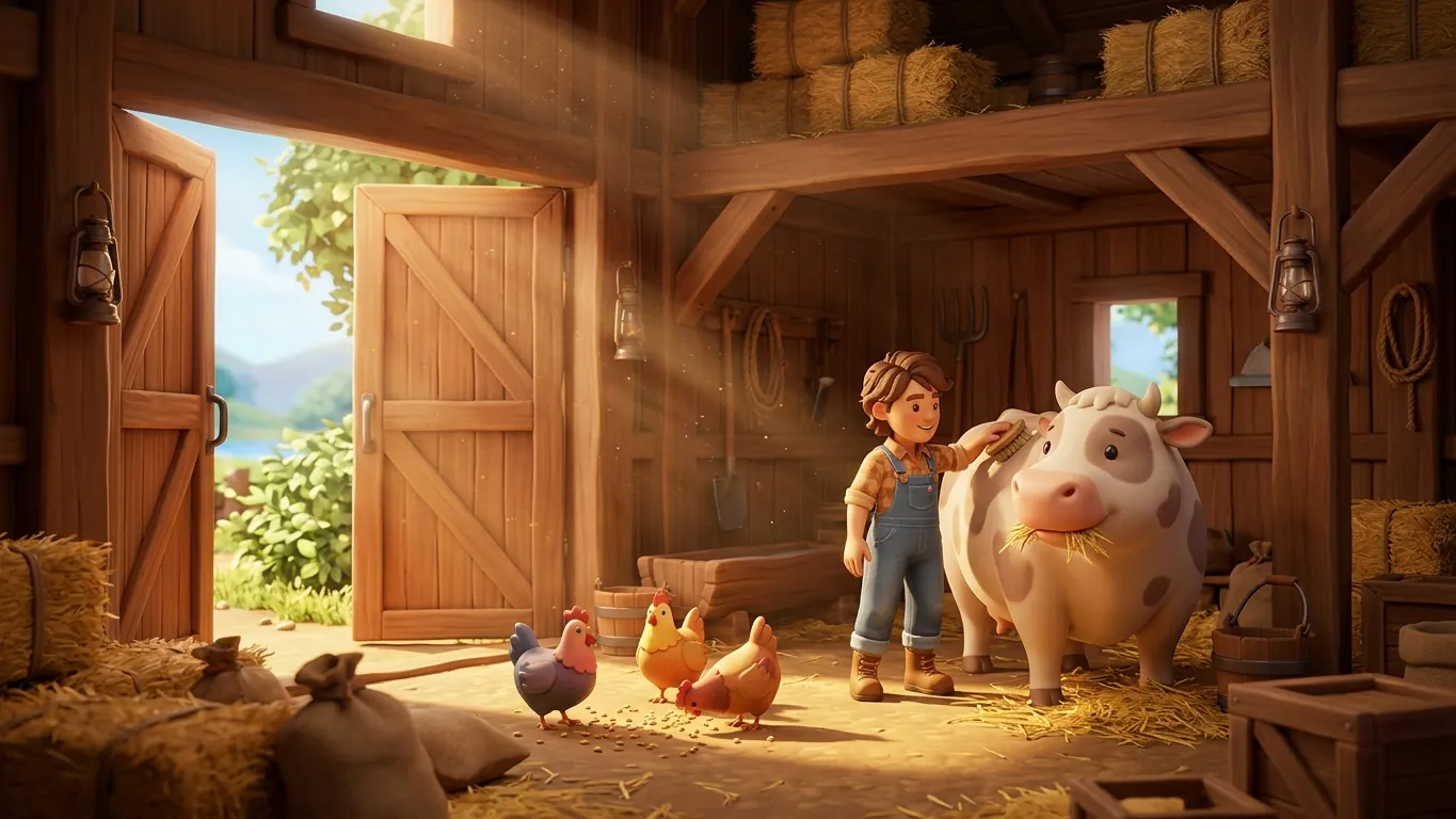 A game character brushing a cow inside a sunlit barn