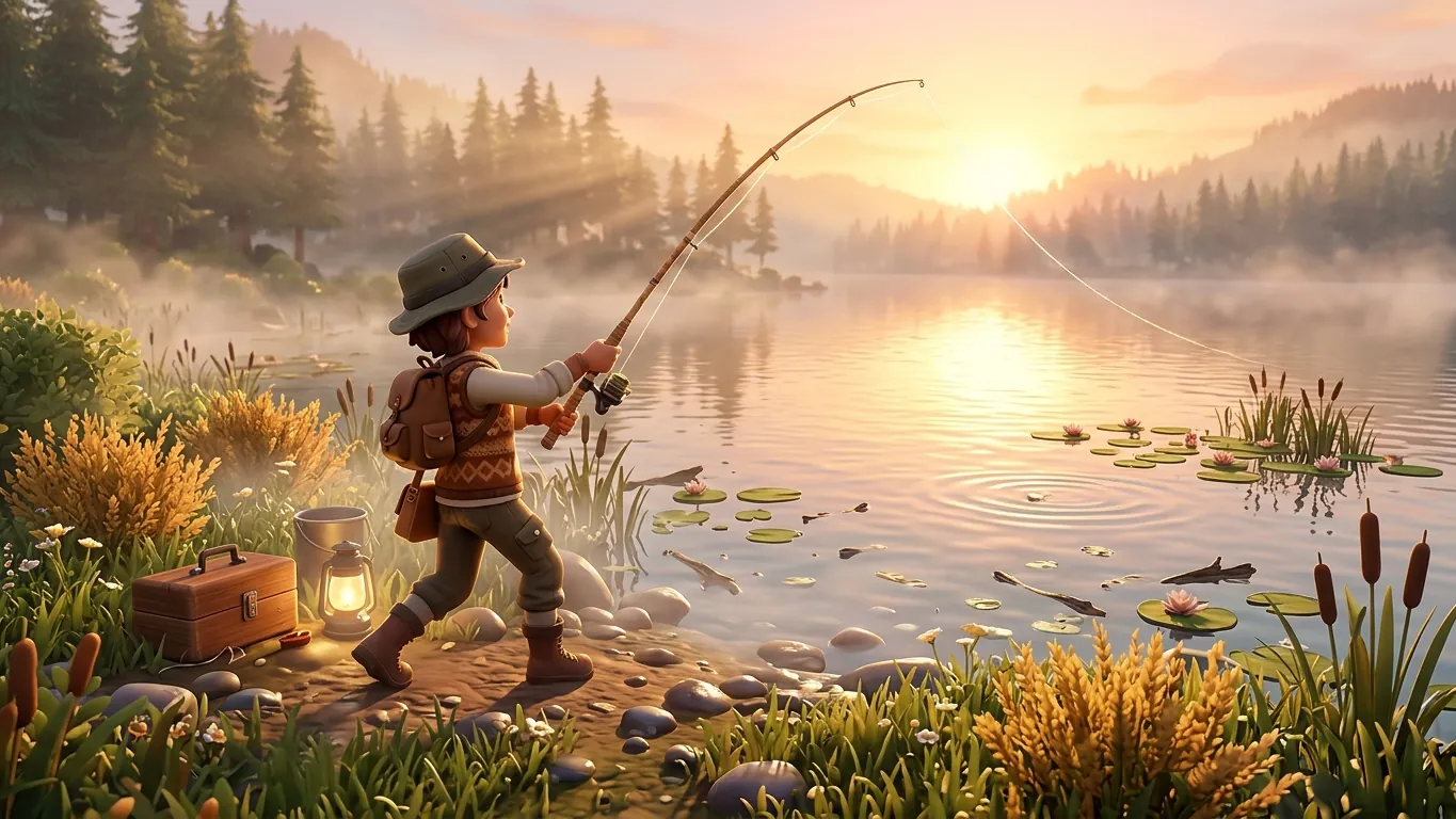 A game character casting a fishing line over a misty lake at sunrise