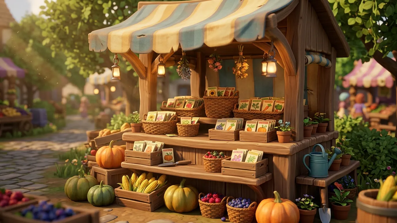 A village seed stall with baskets of seeds and vegetables in a farming game