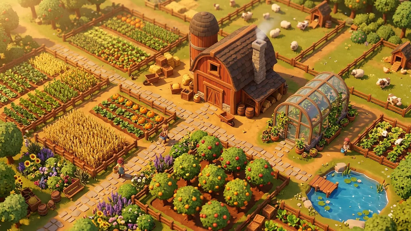 An isometric view of an organized game farm with fields and buildings